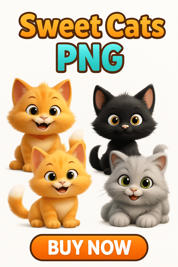 Sweet Cats PNG Pack with over 30 transparent cartoon cat graphics for digital use